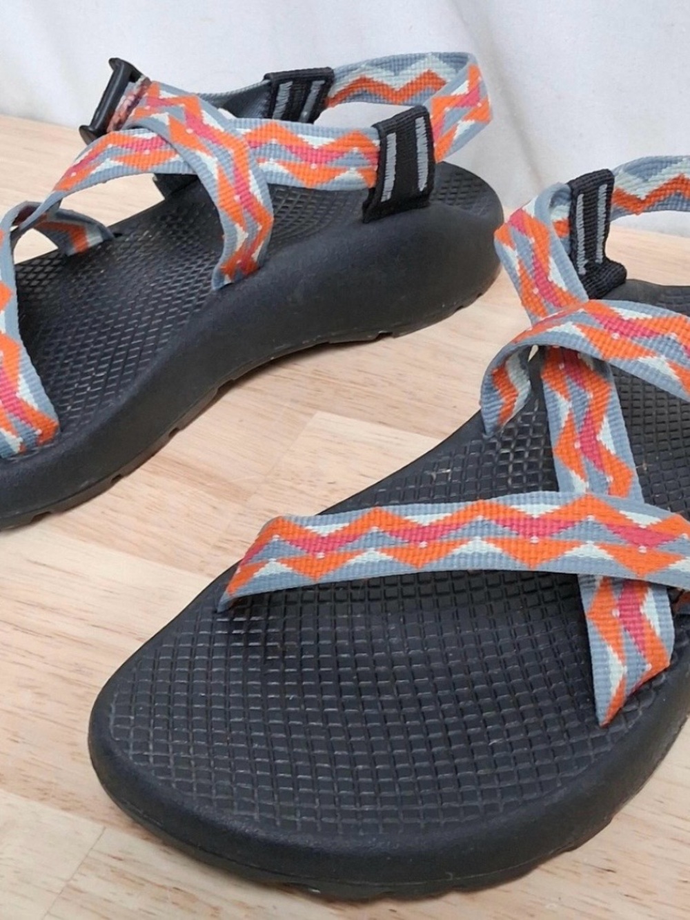 Chaco Women's Black Sandals with Orange and Light Blue Zigzag Straps